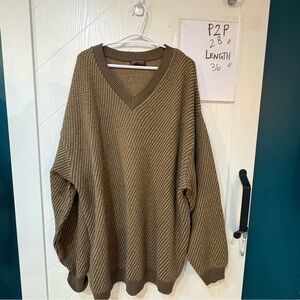 Vintage Olive Green Oversized V-Neck Textured Knit Sweater Boho Earthy  1XL/2X